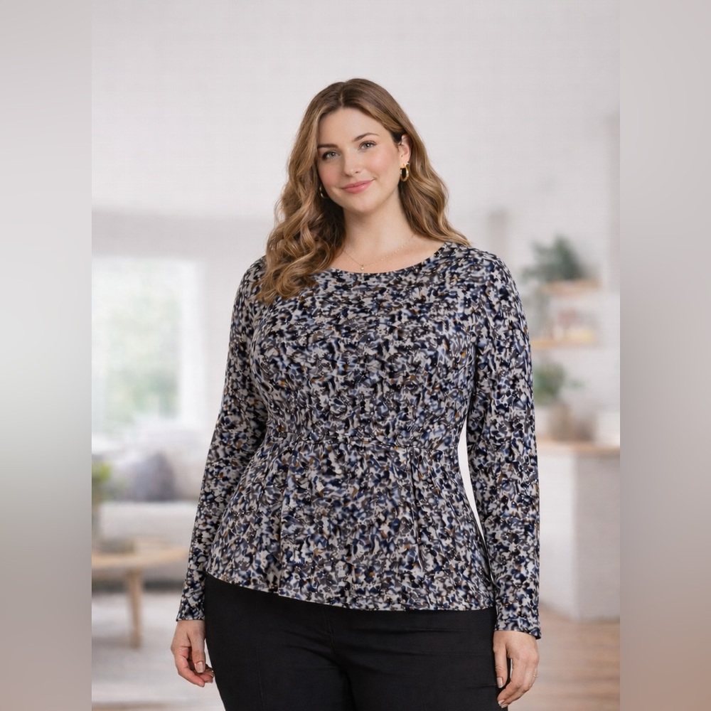 Liz Claiborne Navy Multi Printed Long-Sleeve Peplum Blouse